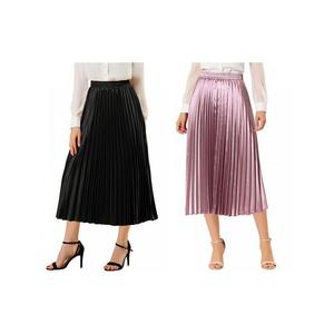 2 упаковки женских блестящих плиссированных миди-юбок металлик с эластичной резинкой на талии ALLEGRA K, цвет Black And Rose Purple