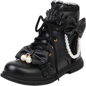 Ботинки DINTAHA на плоской подошве с низким голенищем, милые кавайные туфли, ботильоны с кружевами и жемчужным бантом, сладкие лолита-косплей ботинки, Black