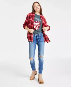 Женская хлопковая футболка бойфренда Rolling Stones, рубашка бойфренда в облачную клетку и рваные джинсы скинни Ava со средней посадкой Lucky Brand, синий