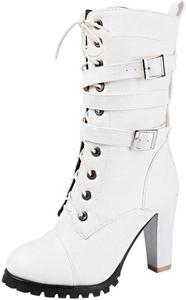 Женские готические ботинки DINTAHA, высокие ботинки до середины голени на шнуровке, боевые ботинки на высоком каблуке, готические платформенные ботинки с пряжками, White