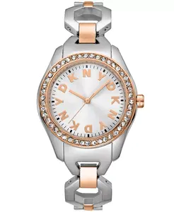Женские часы Astoria Midi Glitz с серебристым циферблатом и браслетом из нержавеющей стали двух цветов (розовое золото), 33 мм DKNY