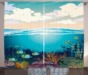 Штора ABAKUHAUS Deep Sea Rustic, Мягкие кучевые облака под рыбой, присборенная штора для спальни с петлями и крючками, 280 x 225 см, цвет Морской синий с разноцветным узором Abakuhaus