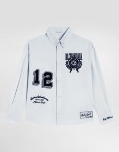 Хлопковая рубашка с вышивкой и нашивкой Dolce&Gabbana, серый