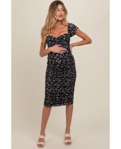 Черное трикотажное платье для беременных с принтом и сборками, из эластичного трикотажа Pinkblush, Black