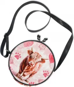 Сумка-кроссбоди ALAZA High and Low Cattle Pink Footprints, круглая, с отпечатками ног крупного рогатого скота, на плечо.