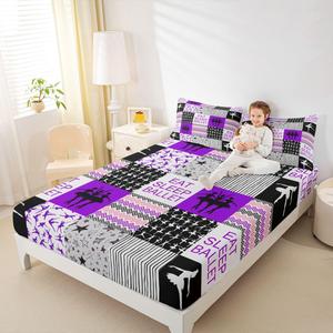 Erosebridal Комплект постельного белья Ballet с балетным принтом, фиолетовая клетка в черно-белых тонах, Multi 5