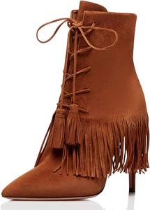 Женские ботильоны YDN в богемном стиле с бахромой на шпильках, заостренный носок, шнуровка и кисточки, Brown