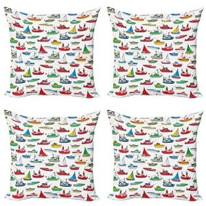 ABAKUHAUS Набор чехлов для подушек в морском стиле (4 предмета), мультяшные рыбацкие лодки, современная двусторонняя цифровая печать, 45 см x 45 см, многоцветный