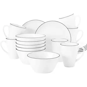 Набор посуды для завтрака Seltmann Weiden "Набор посуды, 18 предметов, Lido Black Line, круглый", (набор, 18 предметов, 6 кружек Tambel 0,35 л, 6 тарелок для завтрака, 6 мисок для круп), с черным краем, производство Германия, белый/черный