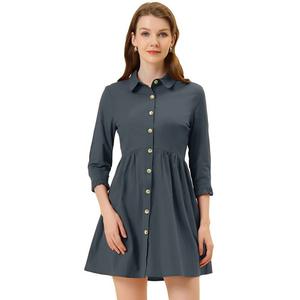 Женское расклешенное мини-платье-рубашка с рукавами 3/4 и пуговицами спереди ALLEGRA K, цвет Dark Blue