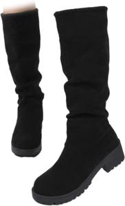 GHTRHSB Женские замшевые ботфорты с леопардовым принтом, высокой голенью, сборкой, широкие по голени, удобные, с нескользящей подошвой и массивным каблуком