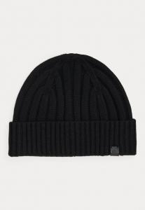 Шапка Lauren Ralph Lauren LEATHER-TRIM RIB-KNIT BEANIE, Black
