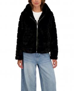Женская короткая куртка с капюшоном и рифленой отделкой из искусственного меха Sebby Collection, Black