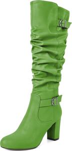 Женские высокие сапоги Zamikoo на толстом каблуке, с расслабленным верхом, до колена, округлый носок, металлическая пряжка, боковая молния, высокий каблук 3,5 дюйма, Matte Olive-Green