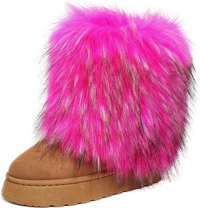 Женские зимние ботинки из искусственного меха до середины голени с плотной подошвой, теплые плюшевые снежные ботинки, удобная уличная обувь на плоской подошве Popchrio, Rose Red