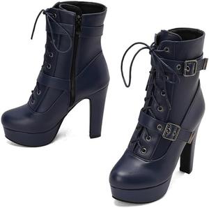 Женские ботинки с очень широкой посадкой, ботильоны на высоком каблуке, с круглым носком, шнуровкой и платформой, с молнией BLXQPYT, Blue