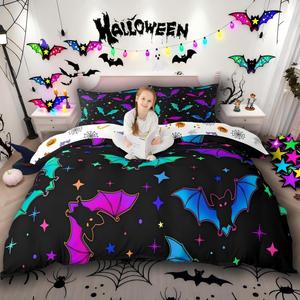 Erosebridal Комплект постельного белья Halloween Bat с комбинезоном в виде звезд галактики для детей, милый мультяшный животный дизайн в бирюзово-сине-зелено-фиолетовых тонах, Multi 01