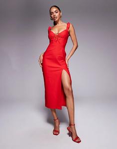 Платье мидакси Vesper bengaline с завязками, оборками на плечах и разрезом на бедрах красного цвета