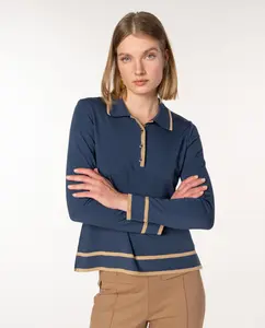 Женский свитер гладкой вязки двухцветный с воротником поло Naulover, синий