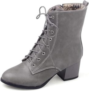 Женские ботильоны VOKLIN на массивном среднем каблуке с круглым носком, шнуровкой и боковой молнией, в западном стиле, Gray Grey-Velvet Lined