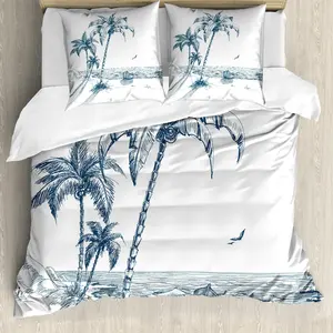 Пододеяльник ABAKUHAUS Island, рисунок Пальма и лодка, защита от клещей, подходит для аллергиков, с наволочками, 155 см x 220 см - 80 x 80 см, цвет Синий-белый
