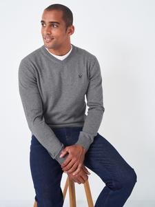 Однотонный джемпер из органического хлопка с V-образным вырезом Crew Clothing, светло-серый