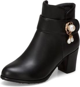 JOEUSTY Женские модные ботильоны с округлым носком, элегантные с боковой молнией, массивным средним каблуком и декоративными бусинами, короткие