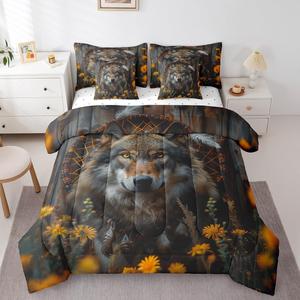 Erosebridal Комплект постельного белья 3D Wolf с принтом Dreamcatcher Feather и цветами Daisy в стиле Farmhouse Western Boho Gothic, Yellow Brown