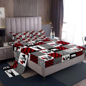 Erosebridal Комплект постельного белья с новогодним принтом оленей и снежинок в красной клетке, Multi 17