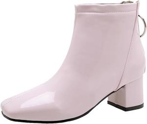 Женские ботильоны Parisuit из лакированной кожи с квадратным носком, массивным невысоким каблуком и задней молнией, закругленный носок, короткие платьевые ботинки, Square Toe Pink