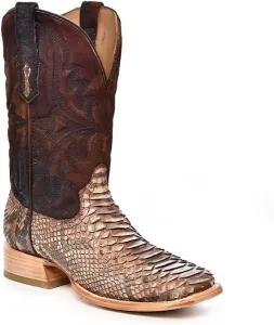 Мужские сапоги Corral коричневые из питона ручной работы | Вестерн-сапоги с широкой квадратной ноской и вышивкой на голенищах из овчины Corral Boots, коричневый