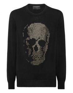 Кашемировый свитер с круглым вырезом LS со стразами и черепом PHILIPP PLEIN, черный