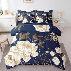 Erosebridal Винтажный комплект постельного белья Vintage Blue White Peony с элегантным цветочным принтом из пионов и ботанических листьев, включает пододеяльник и наволочки, Navy Blue,beige