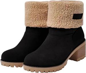 Зимние теплые снегоступы для женщин, повседневные модные женские ботильоны, удобные слипоны на массивном каблуке, замшевые уличные ботинки Generic, Black