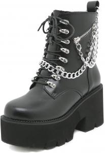 Makmeoyw Женские готические ботильоны на платформе с черной цепью, панк ботинки до середины голени