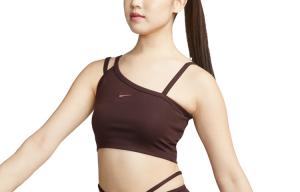 Nike Женская спортивная рубашка без рукавов, цвет земляной коричневый, с асимметричными плечами