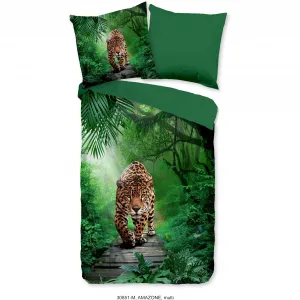 Двустороннее постельное белье PURE Luxury Collection "Amazone", микрофибра, 135х200, легкое в уходе, молния, двусторонний вид, леопардовый, зеленый