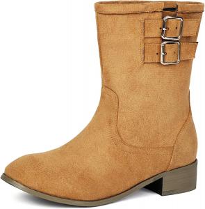 Женские сапоги SHEMEE из искусственной замши до середины голени с толстыми низкими каблуками, модные с пряжками, ботильоны с устойчивым каблуком, матовая кожа, осенне-зимняя обувь, на подъем, Brown