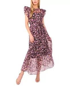 Женское платье макси с высоким воротом и рукавами-крылышками CeCe, черный