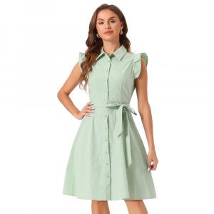 Женское рабочее платье-рубашка длиной до колена с рюшами и рукавами на пуговицах и поясом ALLEGRA K, цвет Sage Green