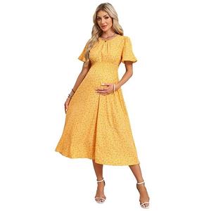 Бохо-платье для беременных с рюшами и цветочным принтом, короткий рукав, присборенная миди Seoria, Yellow