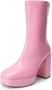Женские ботинки DREAM PAIRS на средней голени Gogo с платформой, высоким массивным каблуком, квадратным носком и на щиколотке, Pink