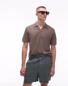Футболка-поло ARKET из хлопка и льна с короткими рукавами светло-коричневого цвета