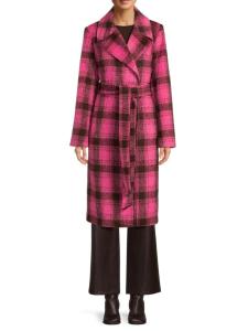 Двубортное пальто с клетчатым поясом NOIZE, цвет Hot Pink