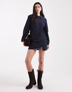 Мини-юбка из вельвета с разрезом спереди темно-синего цвета Asos Design