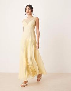 Платье мидакси с кружевным лифом и плиссированной юбкой ASOS DESIGN лимонного цвета