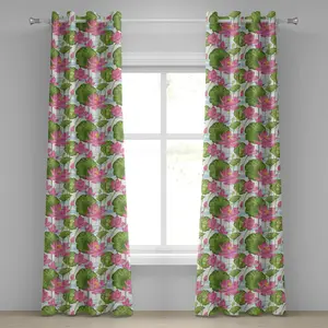 Штора на люверсах ABAKUHAUS Лотос, акварельная живопись, пейзаж с японскими цветущими цветами, пасторальное искусство, декоративные двухпанельные шторы, 280 см x 225 см, цвет папоротниково-зеленый, светло-голубой Abakuhaus