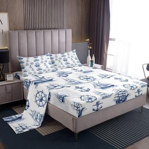 Erosebridal Комплект постельного белья Nautical Anchor Compass с морским принтом из сатина, White Blue