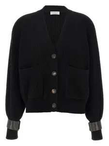 Кардиган в рубчик с манжетами-драгоценностями Brunello Cucinelli, черный