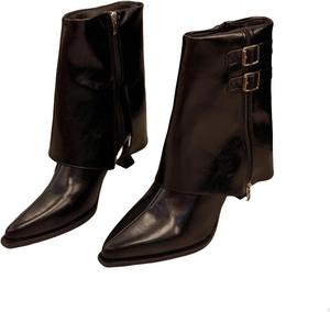 Женские ботильоны ZQW с заостренным носком и каблуком-стилетто, с пряжкой и отворотом, широкая полнота, металлический панк-стиль, средняя высота голенища, Black